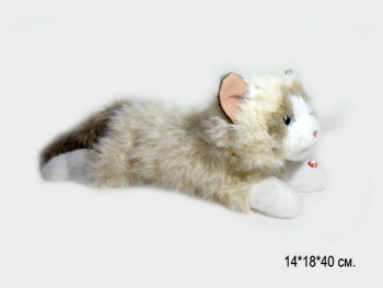 им Кошка арт. 209090 Пушистая бежевая лежит мяукает 40 см в пак.