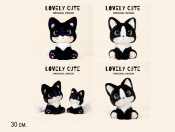 им Кошка арт. 209983 Черно-белая с розовыми следами сидит 30 см в пак.